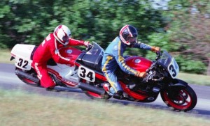 Key-Gibson-sm Ed Key (34) and Gary Gibson in one of their typical tight battles. This shot at a Honda Hurricane money race at Grattan in 1987. (Larry Lawrence photo)