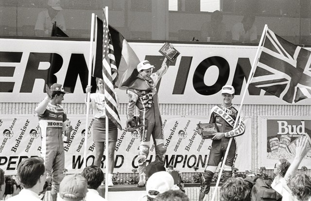 Chandler 2 Doug Chandler celebrates his World Superbike win at Brainerd, sharing the podium with Stephane Mertens (left) and Terry Rymer. (Larry Lawrence photo)