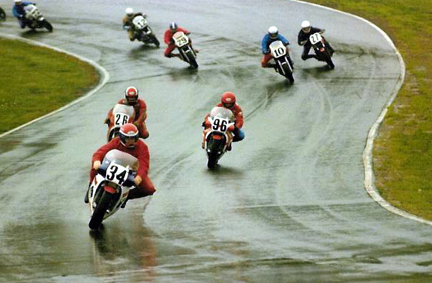 Cooley'84 Wes Cooley leads the pack at a wet Mid-Ohio in 1984. (Larry Lawrence photo)