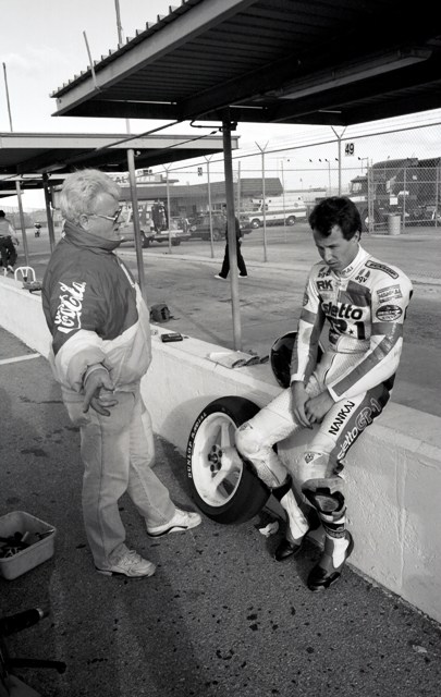 Ferracci & Polen '90 Eraldo Ferracci and Doug Polen at the 1990 Daytona tire tests. (Larry Lawrence photo)