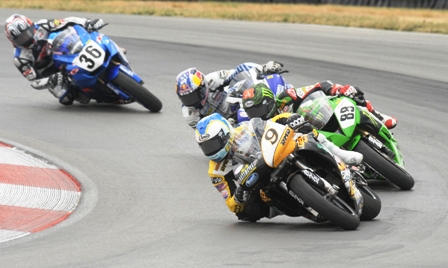 This is the kind of close wheel-to-wheel action Daytona SportBike has produced this year. Here Danny Eslick leads Jamie Hacking, Josh Herrin and Martin Cardenas. Four riders with four different manufacturers. (Larry Lawrence photo)