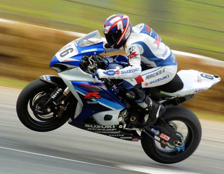 Mladin liftoff Mat Mladin's uzuki Superbike catches air at Road Atlanta in 2007. (Larry Lawrence photo)