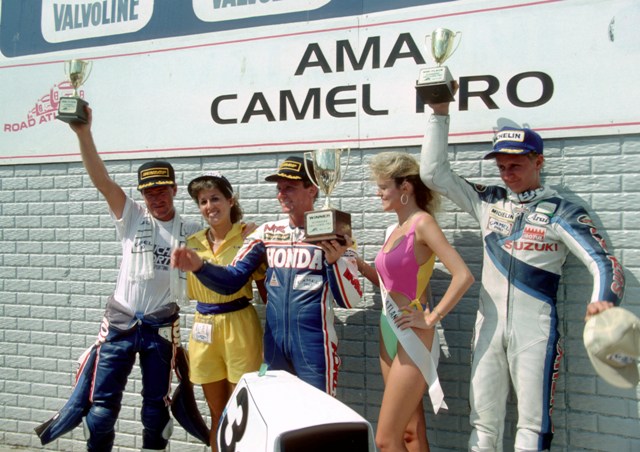 The Road Atlanta Superbike podium in 1987 with (l to r) Bubba Shobert, winner Wayne Rainey and Kevin Schwantz. (Larry Lawrence photo)