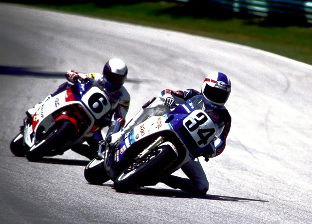 Schwantz-Rainey 87 Kevin Schwantz (34) and Wayne Rainey (6) battle at Road America in 1987. The rivalry between Schwantz /Rainey and Suzuki/Honda was intense. Schwantz won most of the battles, but it was Rainey who ultimately walked away with the title. (Larry Lawrence photo)