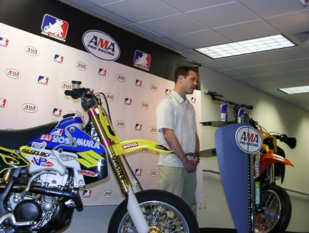 SuMo 1 Andy Leisner announces the formation of the AMA Supermoto Championship in 2003 at Daytona. (Larry Lawrence photo)