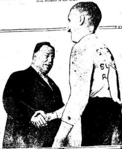 Taft-Baker-sm President Taft congratulates Cannonball Baker.
