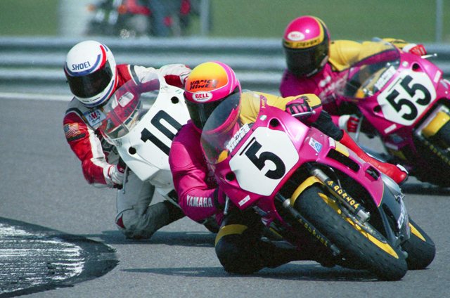 1990 Daytona Supersport David Sadowski (5) Jeff Farmer (10) and Thomas Stevens (55) in one of the all-time epic AMA Supersport battles at Daytona in 1990. (Larry Lawrence photo)