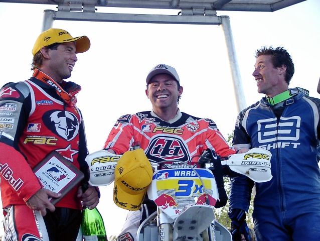 Cols SuMo Podium Here's superstar packed podium photo with Jeremy McGrath, Jeff Ward and Doug Henry from the AMA Supermoto race in downtown Columbus, Ohio, in Oct. of 2003. (Larry Lawrence photo)