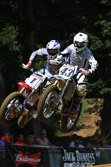 It's not supposed to happen but Sammy Halbert (43) and Jake Johnson (1) prove that two riders can take the jump at Peoria simultaneously. (Larry Lawrence photo)