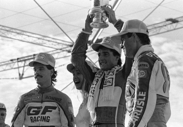 Indy Mile 1986 Ronnie Jones, Ricky Graham and Scott Pearson on the podium of the 1986 Indy Mile. (Larry Lawrence photo)