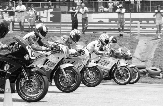 Rd Atl SB 1988 Riders at the moment of launch during an AMA Superbike heat race at Road Atlanta in 1988. Rider included (from left to right) Larry Shorts (20), Mark Chin (77), Dale Quarterley (32), Scott Gray and Doug Polen. (Larry Lawrence photo)