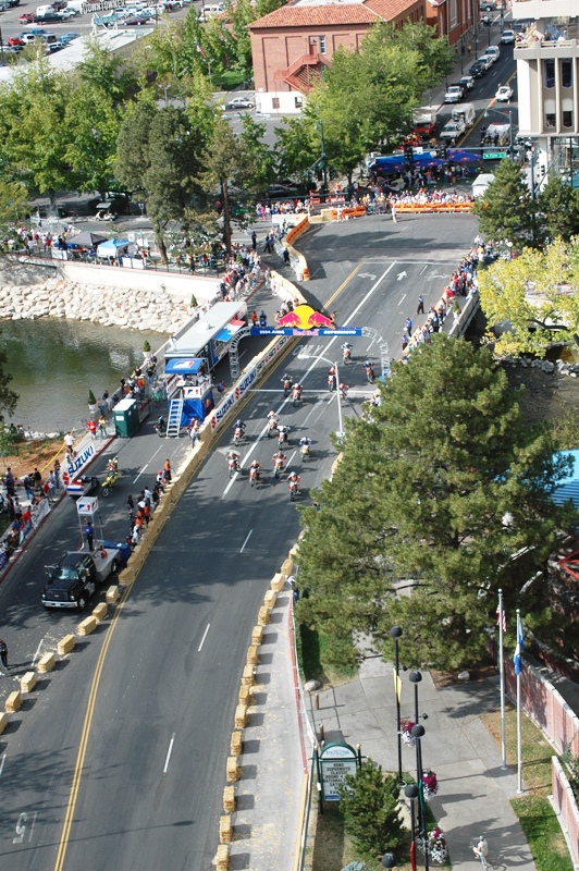 Reno SuMo AMA Supermoto riders charge over a bridge above the Truckee River in the first Reno Supermoto race in 2004. (Larry Lawrence photo)