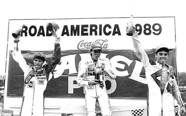 Road America SB podium 1989 Jeff Farmer, Rich Arnaiz and Donald Jacks celebrate on the AMA Superbike victory podium at Road America in 1989. (Larry Lawrence photo)