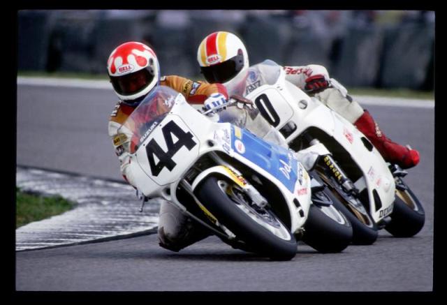 Springer & Fritz Jay Springsteen leading fellow Michigan rider Fritz Kling in the 1991 Daytona 200. Photographed with a Canon A-1 with Kodak Ektachrome film. (Larry Lawrence photo)
