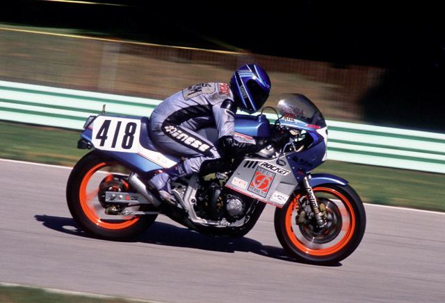 Andrews, Kyle - 1987-sm Canadian Kyle Andrews, rocking purple leathers, riding his Opus Ferrum-backed Suzuki in the AMA Superbike race at Road America in 1987. (Larry Lawrence photo)
