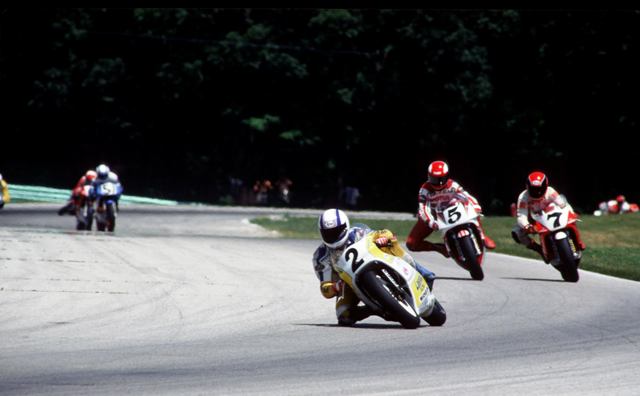 British rider Alan Carter (2) leads Thomas Stevens (5) and Daniel Coe (7) in the AMA 250 Grand Prix race at Road America in 1988. (Larry Lawrence photo)
