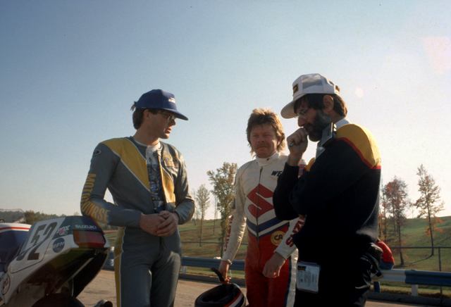 Clifford, Cooley, Allen Author and racer Peter Clifford, former AMA Superbike champ Wes Cooley and Dunlop's Jim Allen, also a former racer, deep in discussion before an endurance race during the WERA GNF sometime in the late 1980s. (Larry Lawrence photo)