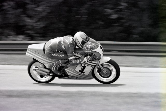 Greene, Donnie (1987) Donnie Greene in full tuck heading down the long straightaway at Mid-Ohio Sports Car Course in 1987. Greene was a three-time AMA 250 Grand Prix Champion. (Larry Lawrence photo)