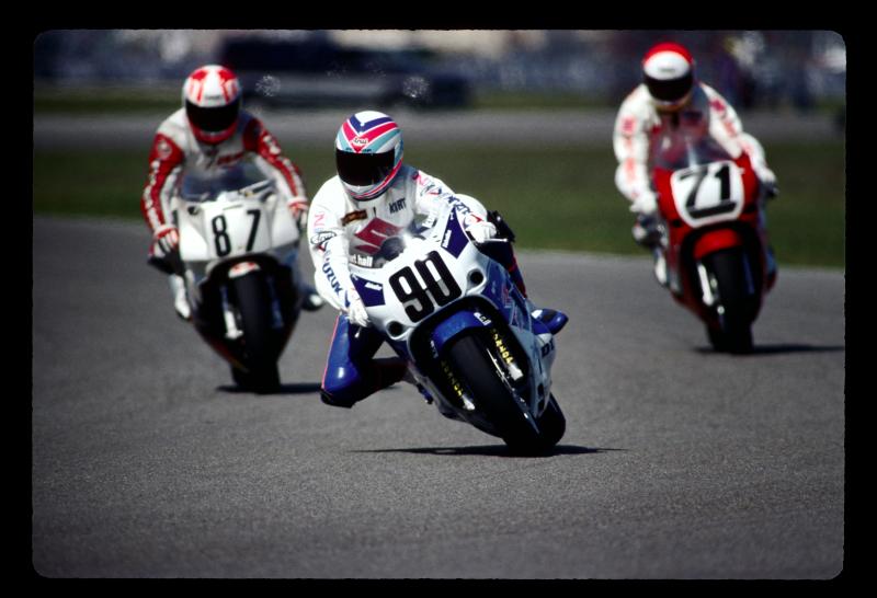 Hall at 1990 Daytona 200 Kurt Hall leading Jeff Harder (No. 87) and Paul Schwemmer (No. 71) in the 1990 Daytona 200. (Larry Lawrence photo)