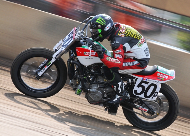 Marmor tucks in behind the bars of his Ducati 749 Grand National machine coming out of turn four at the Springfield Mile.