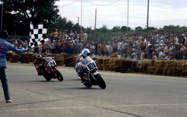 Mercier - Loudon 86-sm Michel Mercier leads to the finish line to take sixth in the AMA Superbike race at Loudon in 1986. (Larry Lawrence photo)