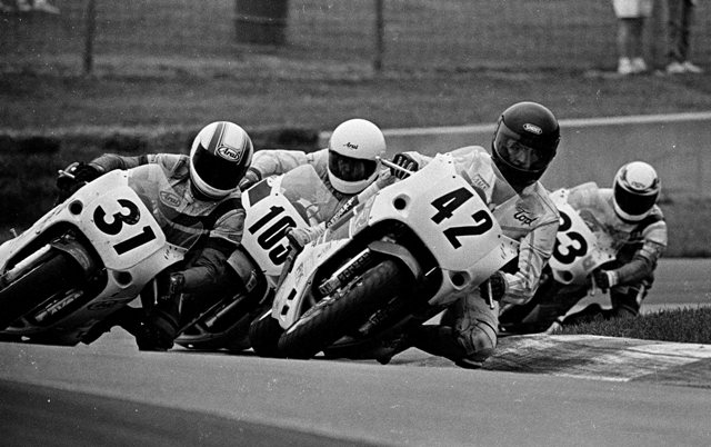 Mid-O 750 SS 1990 Tod Hebert (42), of Rochester, N.H., leads the pack in the 1990 Mid-Ohio Supersport race. Hebert finished ninth in the race at Mid-Ohio that day. I'm not certain of the other riders in the photo. (Larry Lawrence photo)