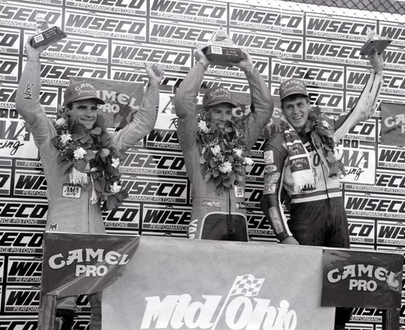 Mid-Ohio Superbike podium in 1991 with Miguel Duhamel, winner Thomas Stevens and Tom Kipp. (Larry Lawrence photo)