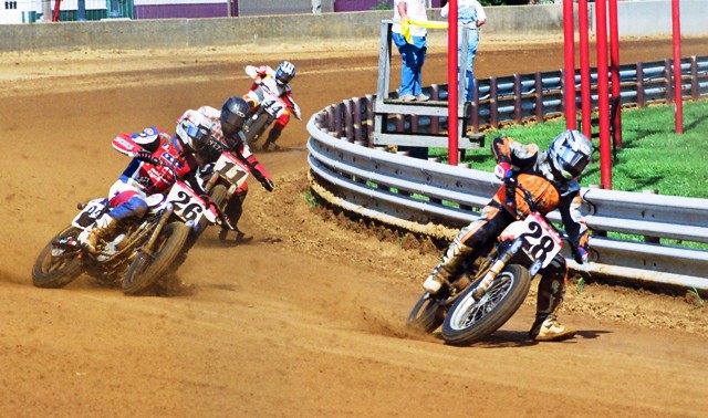 Russell out of shape Shaun Russell (28) gets out of shape at the Indy Mile in front of Brandan Bergen (26), Byran Bigelow (11) and Brandon Robinson (44). Russell survived this scare, but he and Robinson were later caught up in a first turn crash during the national. (Larry Lawrence photo)