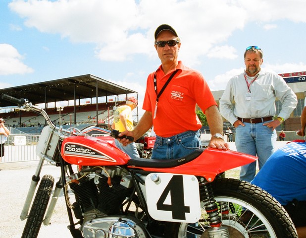 Springer's Markel machine Jay Springsteen proudly display's his ex-Bart Markel Harley-Davidson XR750 at the Indy Mile. (Larry Lawrence photo)