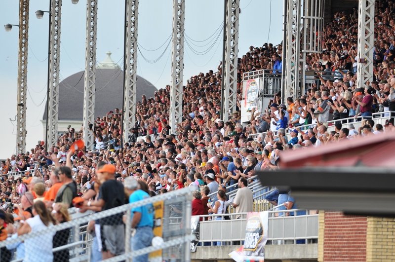 Springfield Mile crowd In spite of storms all around the Illinois State Fairgrounds and the very late start, the Springfield Mile on Labor Day Sunday featured the normal packed grandstands. (Larry Lawrence photo)