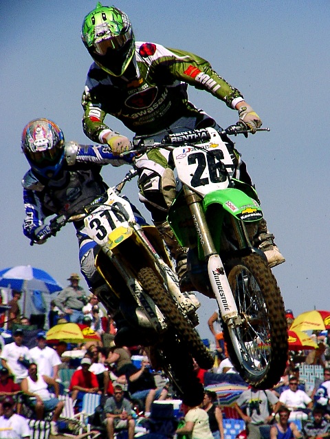 Byrne and Prochnavy Michael Byrne (26) and Bruce Prochnavy (370) race in practice for the Hangtown National in 2004. (Larry Lawrence photo)