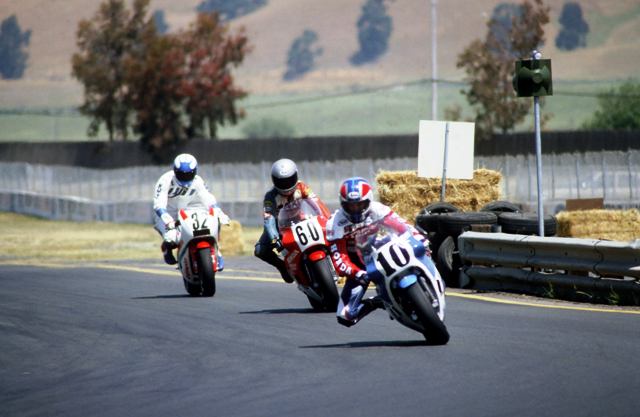 Chandler '86 Sears-sm Doug Chandler (10) and Russ Paulk (60) on their Honda GP bikes battling Dale Quarterley (32) on a Bimota at Sears Point in 1986. (Larry Lawrence photo)