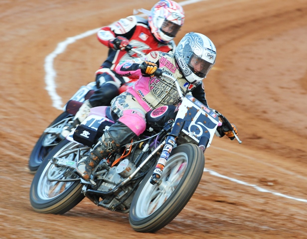 Nichole Cheza corners her Harley-Davidson XR750 just ahead of Jethro Halbert during practice at the Bedford (Pa.) Half-Mile in 2008. (Larry Lawrence photo)