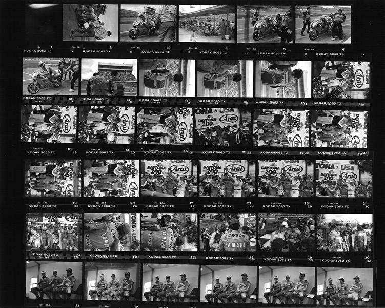 contact sheet A black & white contact sheet from the 1993 Daytona 200. (Larry Lawrence photo)