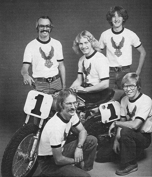 A press kit photo of the 1978 Harley-Davidson racing team with (clockwise from top left) Corky Keener, Jay Springsteen, Ted Boody, Bill Werner and Steve Stortz.