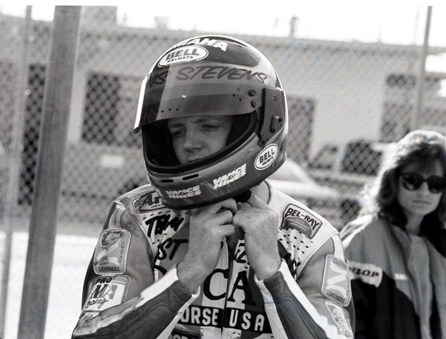 James with Stevens helmet Jamie James wearing a Thomas Stevens helmet during Daytona tire testing in 1990. (Larry Lawrence photo)