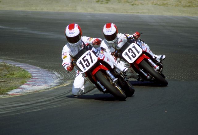 Ottis Lance (157) and Meril Moen (131) of Kosar Racing at Sears Point in 1986. (Larry Lawrence photo)