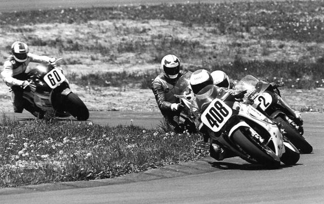 Mich GP Randy Gaddey (408) leads Ray Yoder, Fritz Kling and Phil Pummell (60) in a late 1980s Michigan Grand Prix race. (Larry Lawrence photo)