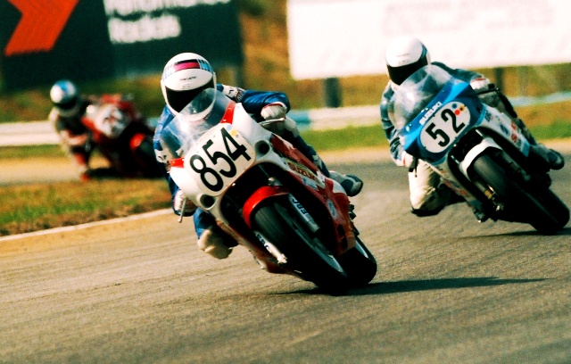 Morrissey, Tim - sm Tim Morrissey (854) leading Ray Yoder (52) in a WERA race at Road Atlanta sometime in the late 1980s. (Larry Lawrence photo)