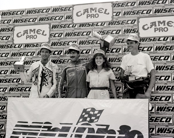 Russ Paulk, Jimmy Adamo and John Long celbrate on the Pro Twins podium at Mid-Ohio in 1987. (Larry Lawrence photo)