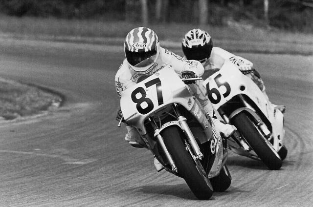 Badger, Keith 1993 Keith Badger (87) leads rival Nick Morehouse (65) in a WERA Regional at Putnam Park in 1993. (Larry Lawrence photo)