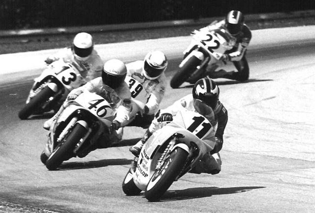 D'Aluisio, Chris - Rd Am 90 Chris D'Aluisio (11) leads Doug Brauneck (46), Rick Kirk (39), Tom Paris (13) and Al Salaverria (22) in the Road America AMA 250 Grand Prix race in 1990. (Larry Lawrence photo)