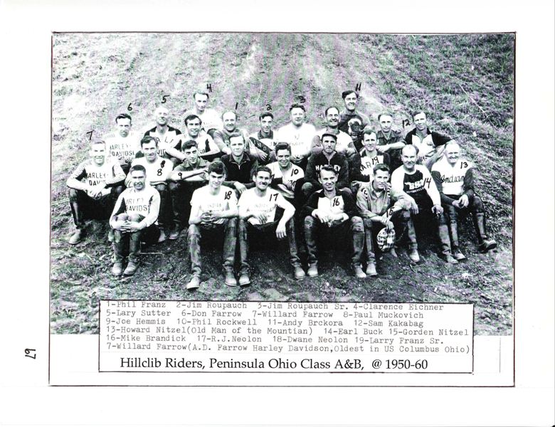 AMA Hillclimb competitors at a meet in Peninsula, Ohio sometime in the 1950s. Two of the best known hillclimbers in this photo are Earl Buck and Howard Mitzel.