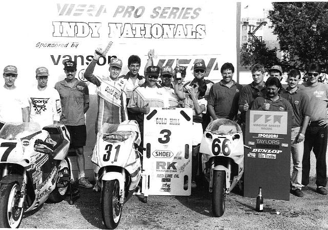 Gold Hill Racing (center) Virginia Breeze Racing (right) and Roswell Racing Suzuki (left) were the podium finishers in the WERA National Endurance at IRP in 1992. (Larry Lawrence photo)