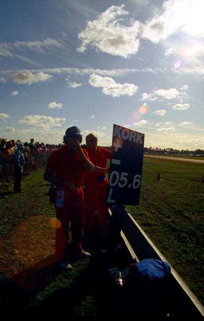 Crew members signal Kork Ballington at the 1987 Daytona AMA 250 Grand Prix race. (Larry Lawrence photo)