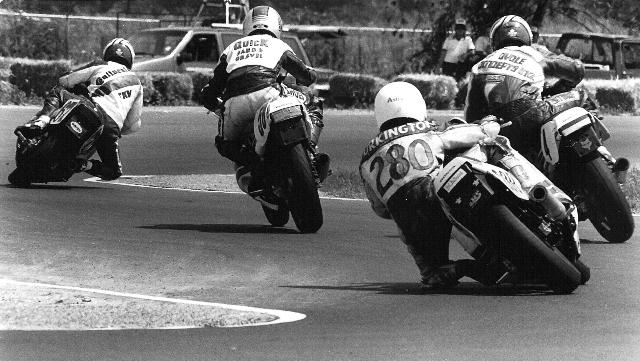 Memphis 600SS '87 001 Greg Tysor is leading Jamie James, David Sadowski and Britt Turkington in a great dice for second in the Memphis AMA Supersport race in 1987. (Larry Lawrence photo)