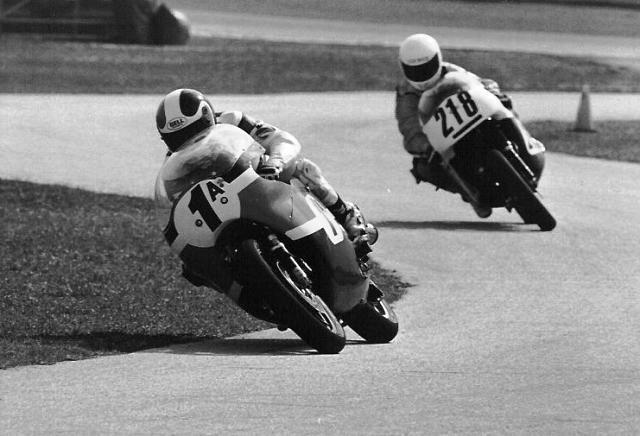 Moroney-Breeze Daytona '91 Pat Moroney on his No. 1A Harley-Davidson XR750 road racer battles Colin Breeze (218) on a BSA Rocket 3 in Daytona Vintage races in 1991. (Larry Lawrence photo)