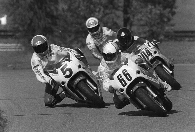 Shawn Nicoloff (66) leads Paul Bray (5), Scott Zampach (204) and Scott Russell (behind Zampach) in a WERA B Superstock race at Grattan Raceway Park circa 1989. (Larry Lawrence photo)