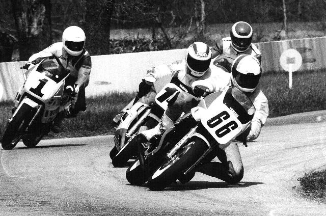 Nicoloff, Shawn Shawn Nicoloff (66) leads Alan Bertagnoli, Jim Still (1) and Scott Blow in a WERA D Superbike race at Blackhawk Farms. (Larry Lawrence photo)
