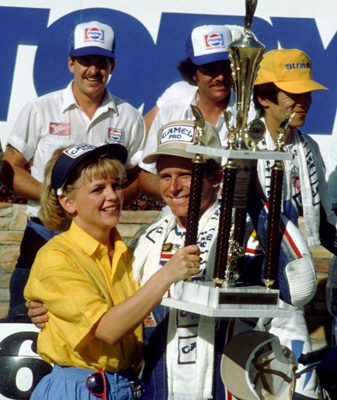 Rainey - Daytona '87-sm Wayne Rainey clebrates his victory in the 1987 Daytona 200. (Larry Lawrence photo)